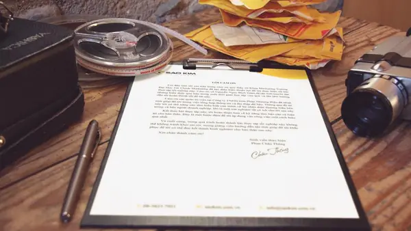 Documento firmado en un portapapeles, junto a sobres, sobre un escritorio